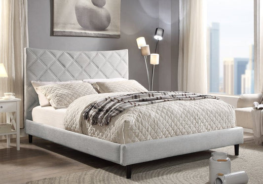 Rosemary Beige Queen Upholstered Platform Bed with Diamond-Tufted Headboard - Bed