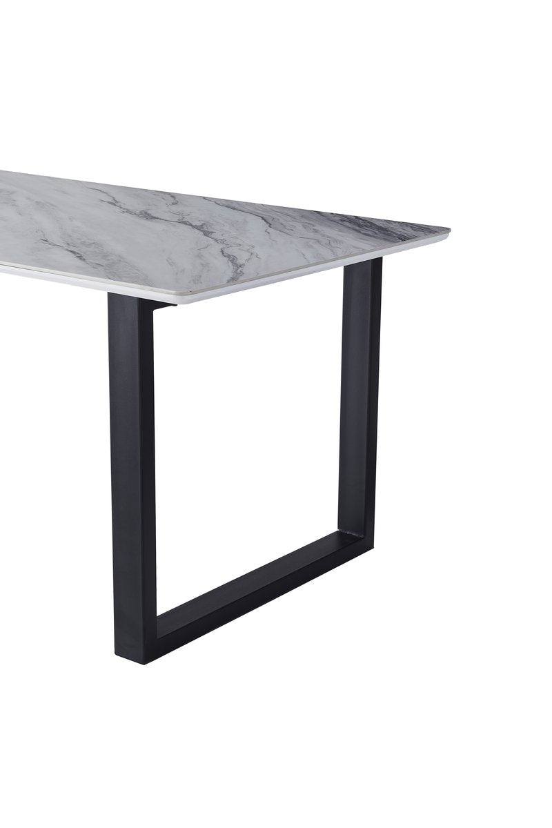 Leander White Sintered Stone Dining Set with Gray Upholstered Chairs - Dining Table Detail Nobg