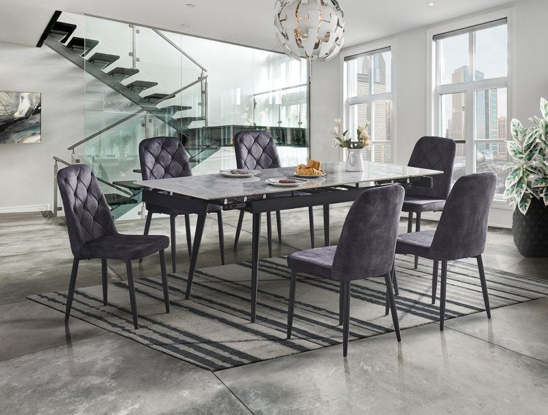 Colette 7-Piece Gray Sintered Stone Extendable Dining Set with Velvet Chairs - Dining Table With 5948S Chairs 7Pc Angle Lifestyle