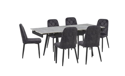 Colette 7-Piece Gray Sintered Stone Extendable Dining Set with Velvet Chairs - Dining With 5948S Chairs 7Pc Angle Nobg