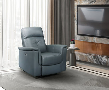 Bristow Leather Swivel Glider Reclining Chair (Blue-Gray / Black / Dark-Gray) - Power Glider Recliner Angle Closed Lifestyle