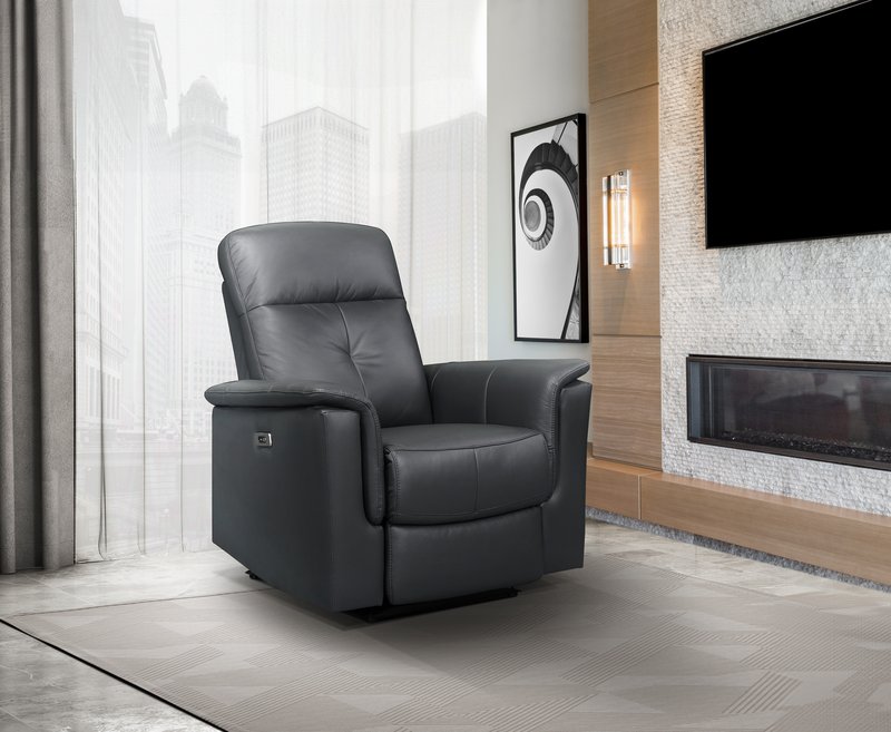 Bristow Leather Swivel Glider Reclining Chair (Blue-Gray / Black / Dark-Gray) - Power Glider Recliner Angle Closed Lifestyle