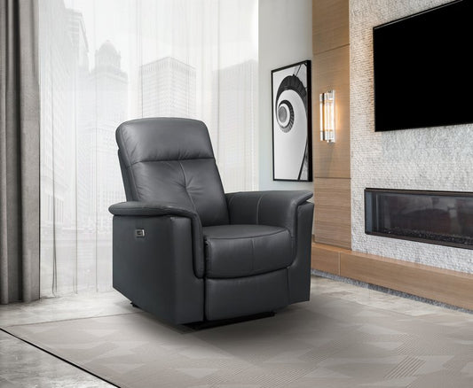 Bristow Leather Swivel Glider Reclining Chair (Blue-Gray / Black / Dark-Gray) - Power Glider Recliner Angle Closed Lifestyle