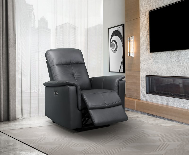 Bristow Leather Swivel Glider Reclining Chair (Blue-Gray / Black / Dark-Gray) - Power Glider Recliner Angle Open Lifestyle