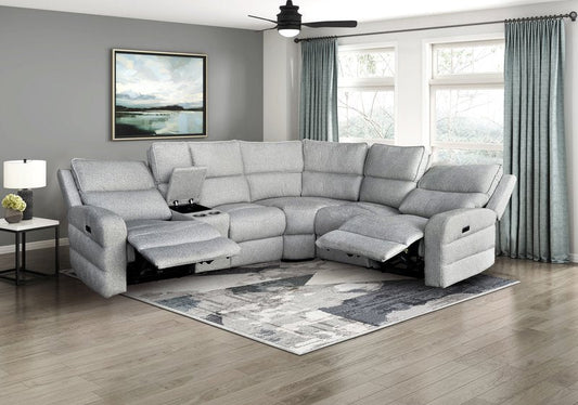 Thorne II 3-Piece Light Gray Power Reclining Sectional with Console and USB Charging - 3Pc Power Reclinining Sectional With Lhf Console Front Open Lifestyle