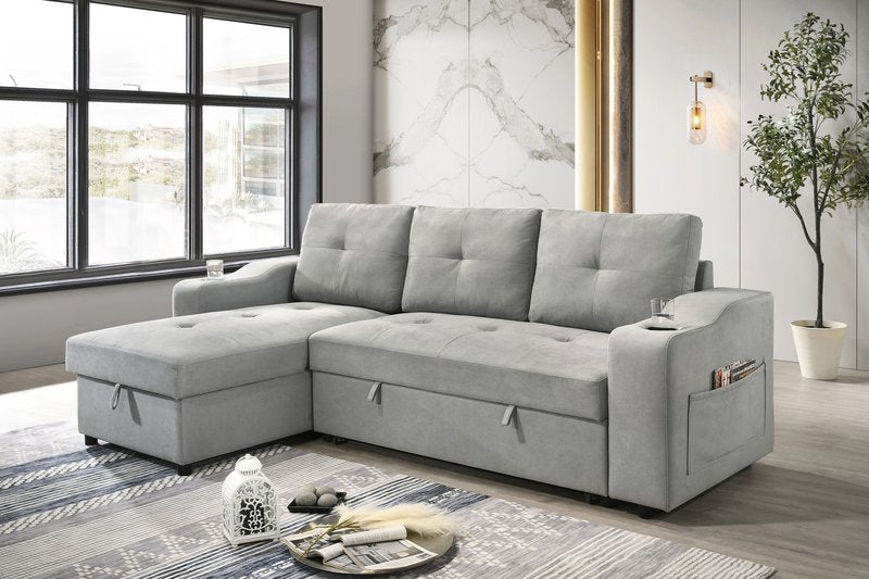 Decker 2-Piece Light Gray Sleeper Sectional with Reversible Storage Chaise - 2Pc Reversible Sectional With Pullout Sleeper Lhf Storage Chaise Closed Lifestyle