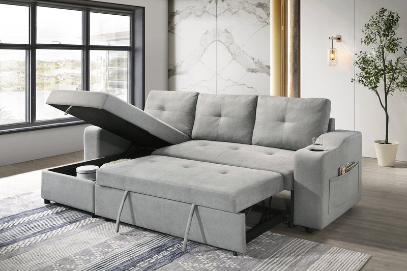 Decker 2-Piece Light Gray Sleeper Sectional with Reversible Storage Chaise - 2Pc Reversible Sectional With Pullout Sleeper Lhf Storage Chaise Open Lifestyle