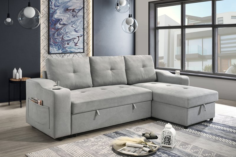 Decker 2-Piece Light Gray Sleeper Sectional with Reversible Storage Chaise - 2Pc Reversible Sectional With Pullout Sleeper Rhf Storage Chaise Closed Lifestyle New