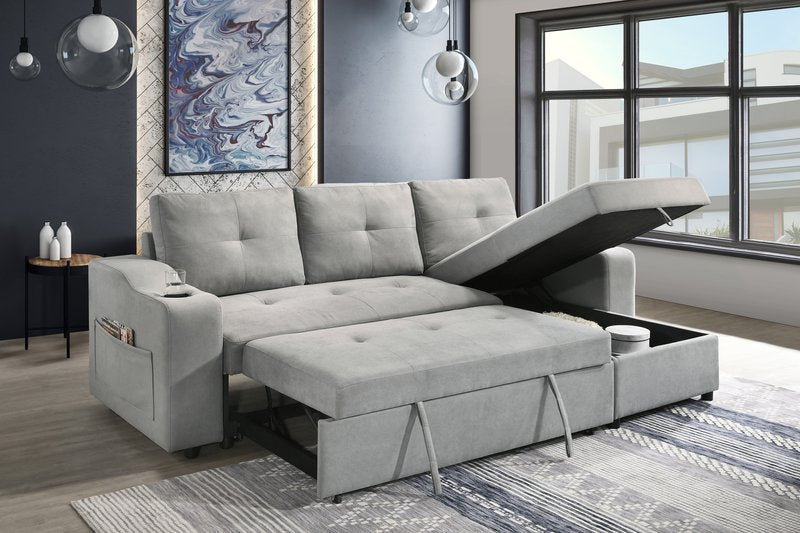 Decker 2-Piece Light Gray Sleeper Sectional with Reversible Storage Chaise - 2Pc Reversible Sectional With Pullout Sleeper Rhf Storage Chaise Open Lifestyle New