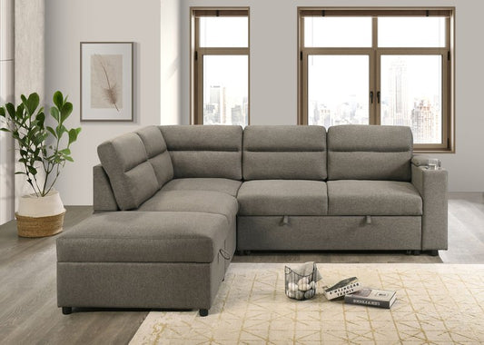 Marasi 3-Piece Brown Sleeper Sectional with Storage Arm, Chaise, and Ottoman - 3Pc Sectional With Rhf Sleeper Sofa Storage Arm Lhf Chaise Storage Ottoman Front Closed Lifestyle