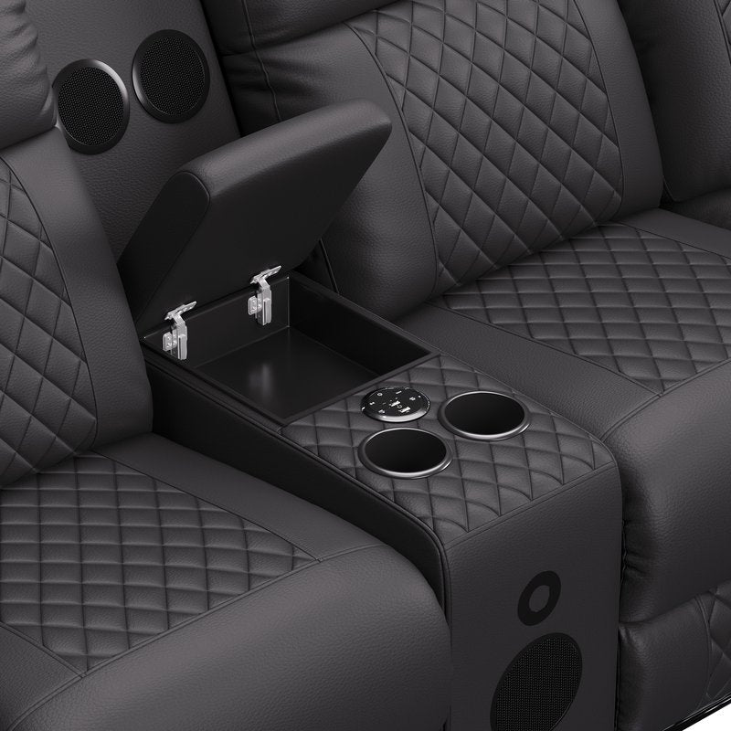 Baron 4-Piece Black Power Reclining Sectional with Consoles, LED Lighting & Bluetooth Speakers - 4Pc Power Reclining Sectional With Lhf Rhf Consoles Led Lighting Bluetooth Speakers Console Speakers Detail Nobg
