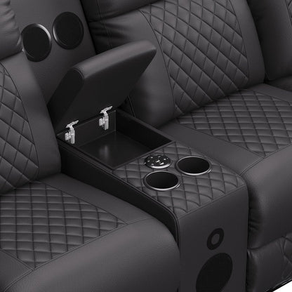 Baron 4-Piece Black Power Reclining Sectional with Consoles, LED Lighting & Bluetooth Speakers - 4Pc Power Reclining Sectional With Lhf Rhf Consoles Led Lighting Bluetooth Speakers Console Speakers Detail Nobg
