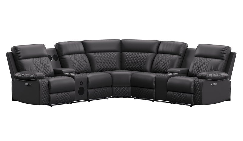 Baron 4-Piece Black Power Reclining Sectional with Consoles, LED Lighting & Bluetooth Speakers - 4Pc Power Reclining Sectional With Lhf Rhf Consoles Led Lighting Bluetooth Speakers Front Closed Nobg