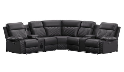 Baron 4-Piece Black Power Reclining Sectional with Consoles, LED Lighting & Bluetooth Speakers - 4Pc Power Reclining Sectional With Lhf Rhf Consoles Led Lighting Bluetooth Speakers Front Closed Nobg