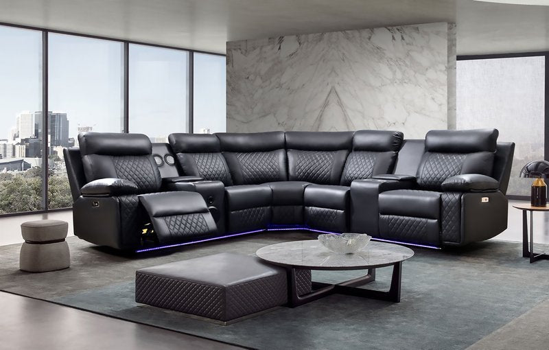 Baron 4-Piece Black Power Reclining Sectional with Consoles, LED Lighting & Bluetooth Speakers - 4Pc Power Reclining Sectional With Lhf Rhf Consoles Led Lighting Bluetooth Speakers Lifestyle