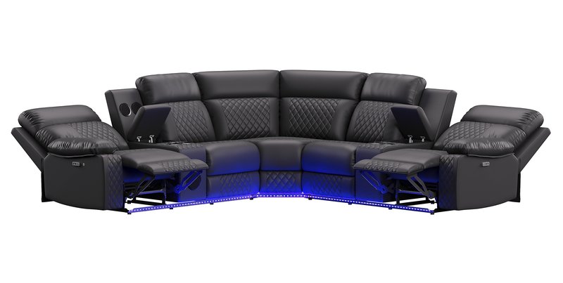 Baron 4-Piece Black Power Reclining Sectional with Consoles, LED Lighting & Bluetooth Speakers - 4Pc Power Reclining Sectional With Lhf Rhf Consoles Led Lighting Bluetooth Speakers Open Closed Nobg