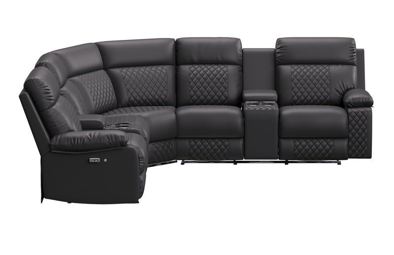 Baron 4-Piece Black Power Reclining Sectional with Consoles, LED Lighting & Bluetooth Speakers - 4Pc Power Reclining Sectional With Lhf Rhf Consoles Led Lighting Bluetooth Speakers Side Closed Nobg